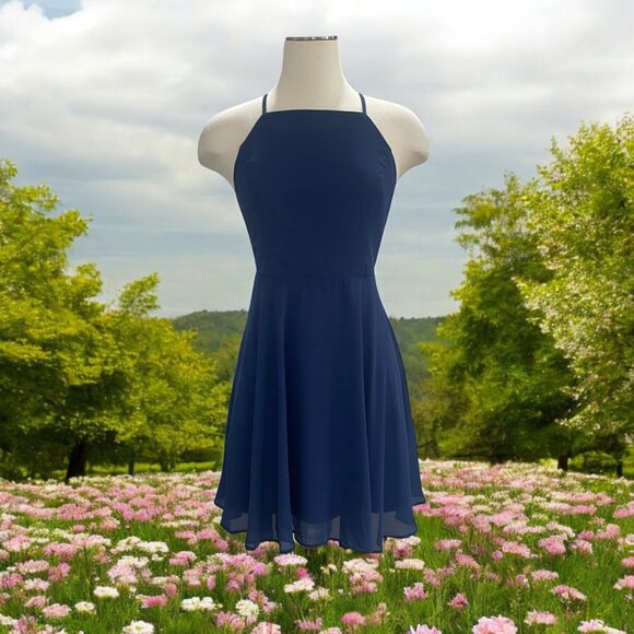 Navy Blue Chiffon Skater Dress Strappy Back Fit And Flare Flowy Cocktail Party - Picture 1 of 8